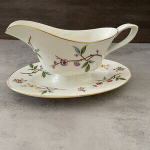 Vintage Royal Worcester Blossom Time Gravy Boat with Attached Under Plate MINT